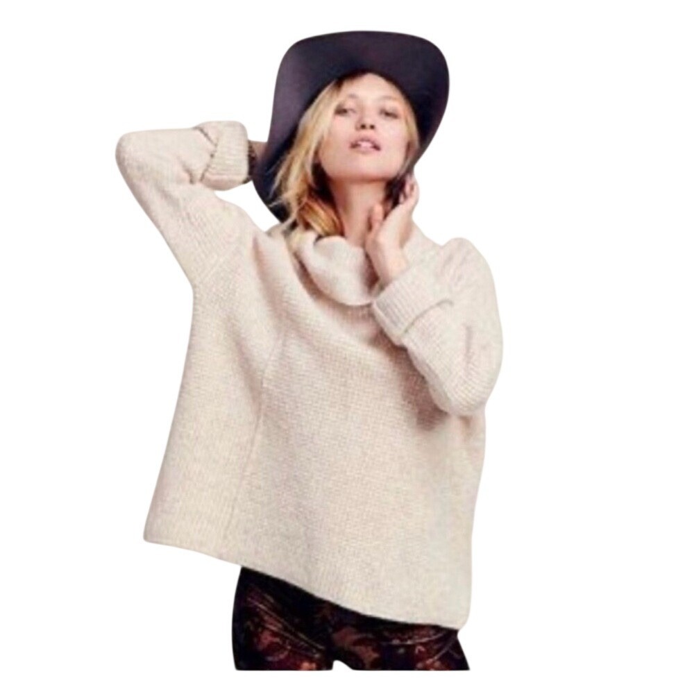 Free People Womens Cowl Neck Wool Sweater Beige Waffle Knit Small OB569614